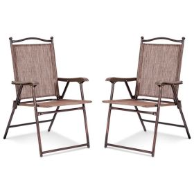 Set of 2 Patio Folding Sling Back Camping Deck Chairs (Color: brown)