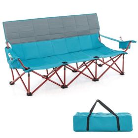 3 Person Folding Camping Chair with 2 Cup Holders Cotton Padding & Storage Bag (Color: Navy blue)
